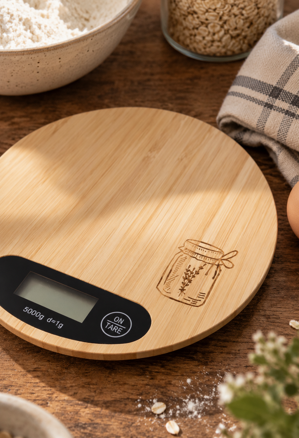 Digital kitchen scale in use on a kitchen counter