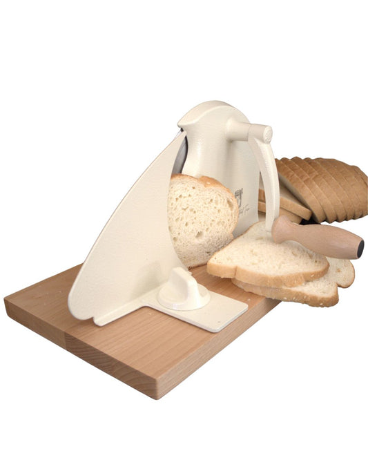 Bread slicer with sliced bread on a wooden board on a white background