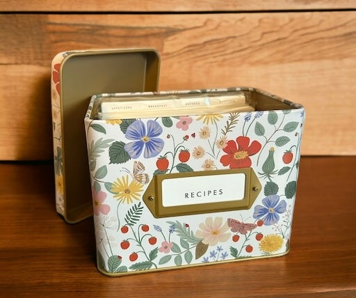 tin recipe box, garden, floral, recipe cards