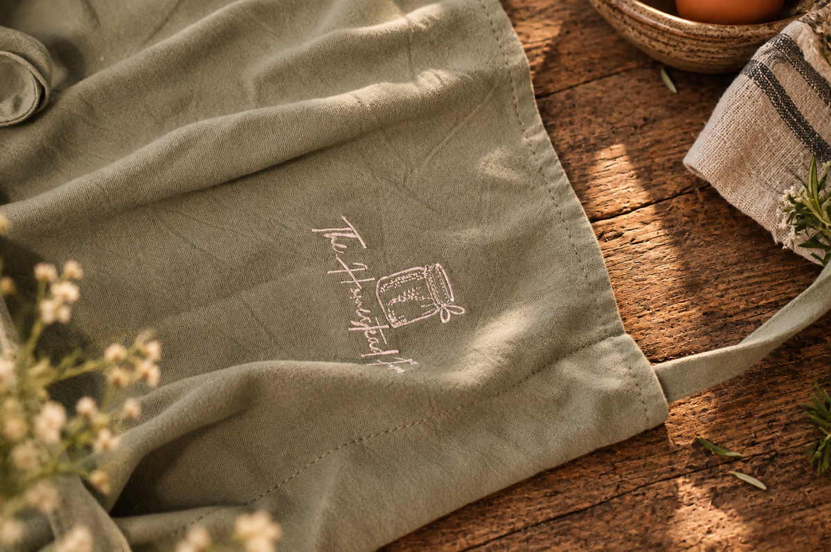 Close-up of the sage ramie fabric and embroidered detail