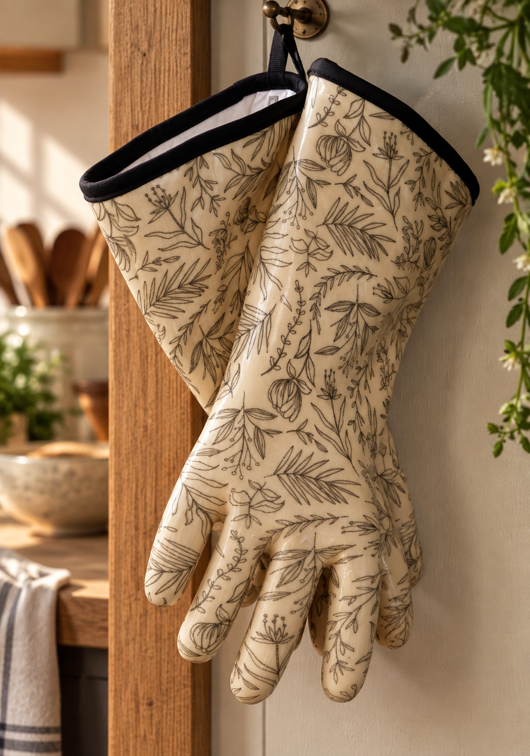 Black floral oven gloves shown in a kitchen setting