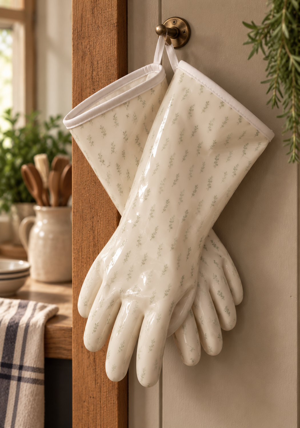 The Homestead Fam Oven Gloves in green leaf print, pair