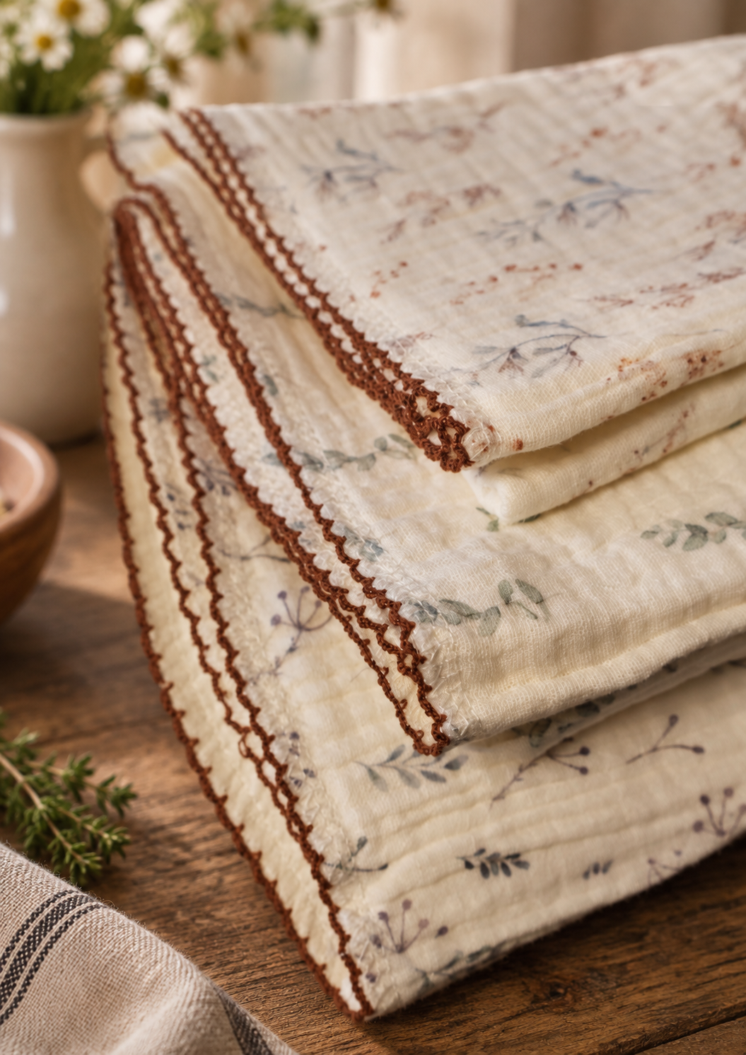 Dish rags folded on a kitchen counter