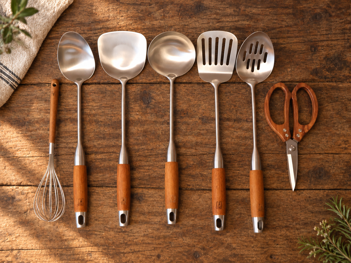 Utensil set laid out in a kitchen setting