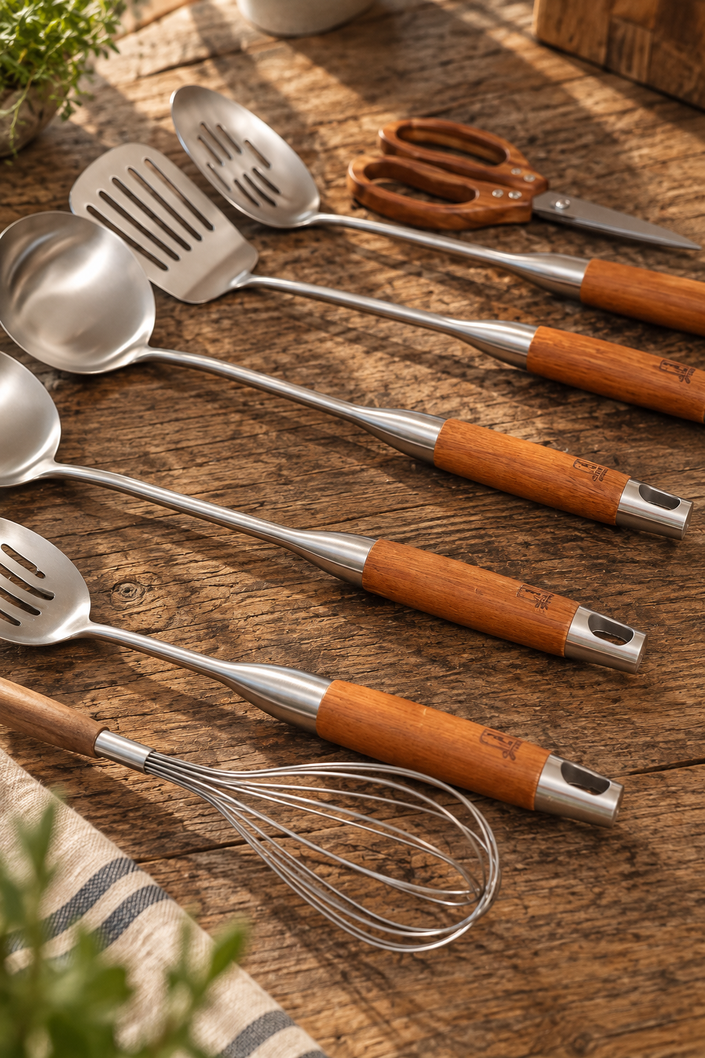Close-up of the stainless steel heads and wooden handles