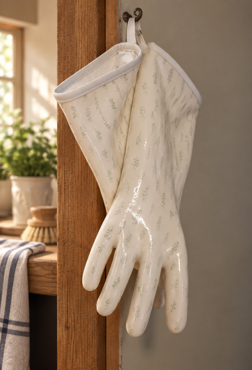 Green leaf oven gloves shown in a kitchen setting