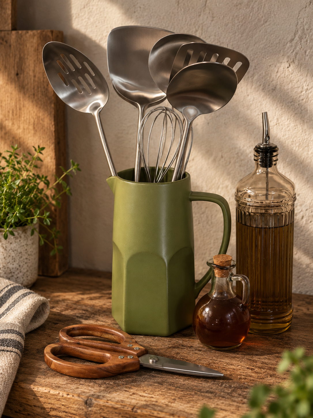 The Homestead Fam stainless steel utensil set, seven pieces with wood handles