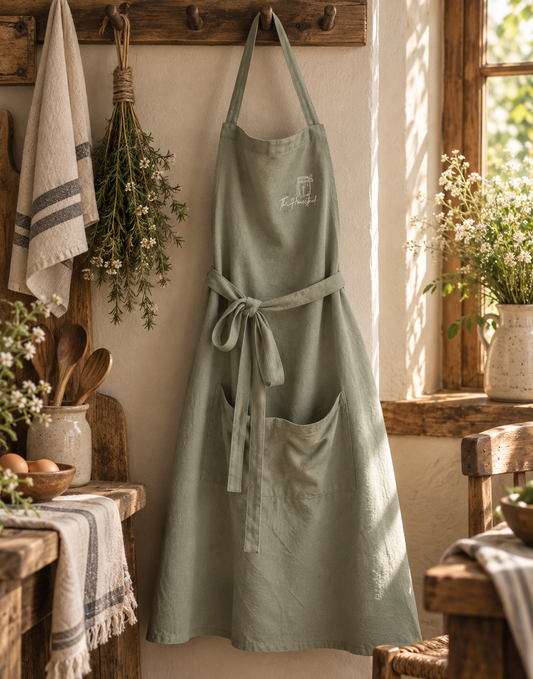 The Homestead Fam Homesteader Apron in sage, front view