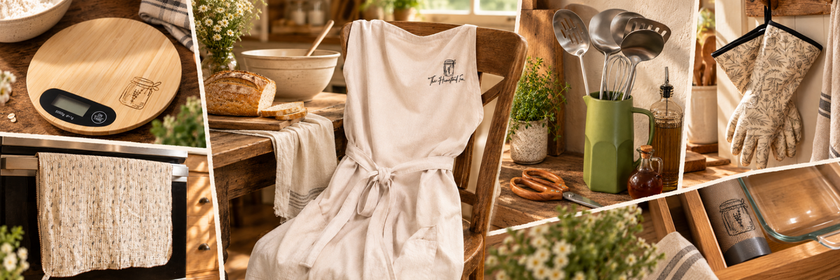 The Homestead Fam kitchen collection featuring apron, scale, towels, utensils, oven gloves and bakeware